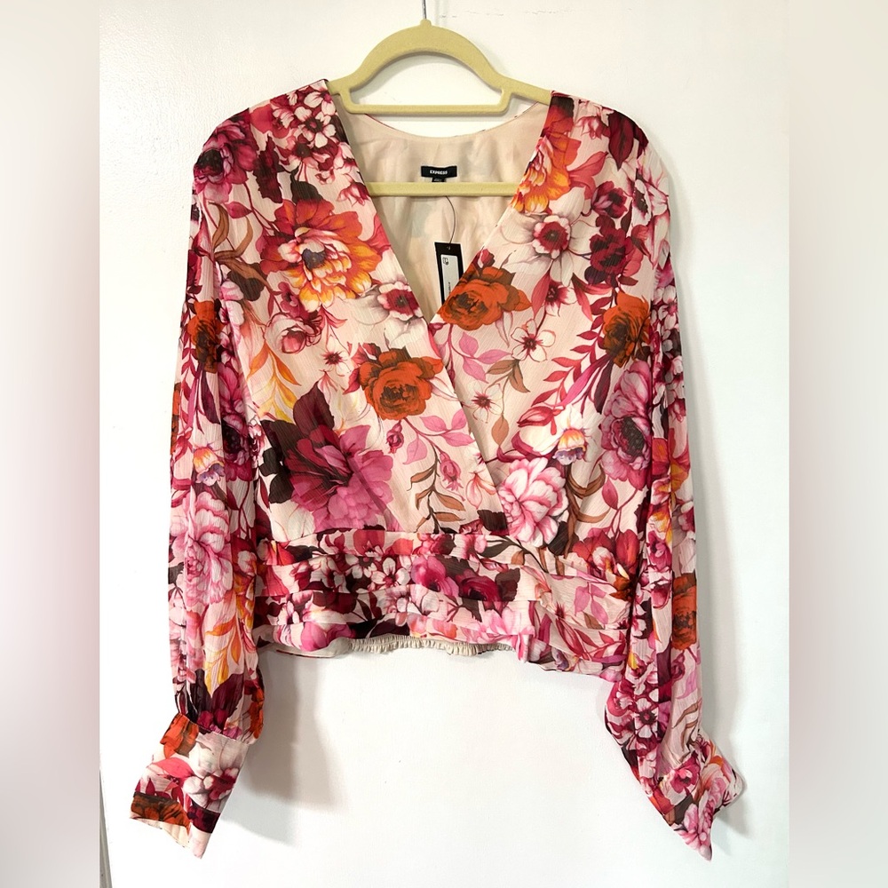 Express Pink and Red Long Sleeve Crop Blouse